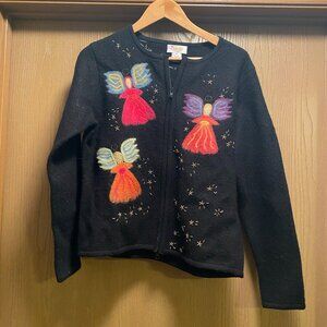 Talbots Black 100% Wool Appliqued Christmas Cardigan Sweater Sz M
